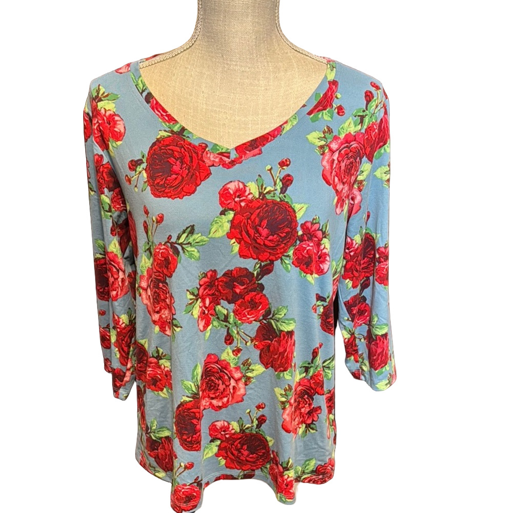 The Pioneer Woman Vibrant Blue and Red Floral 3/4 Sleeve V-Neck Soft Blouse
